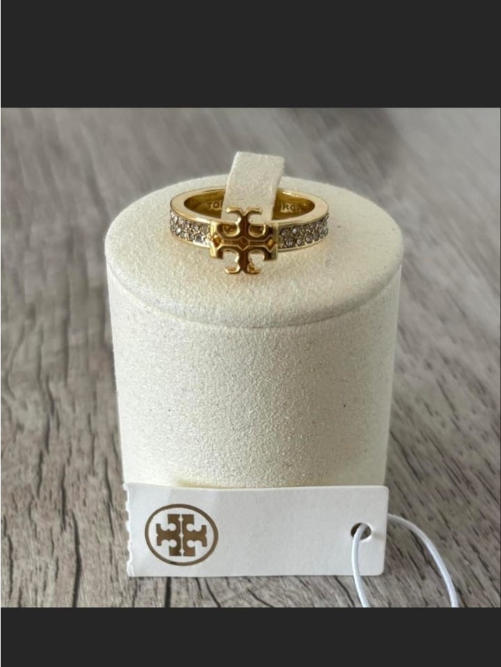 Tory Burch Gold Logo Pave Crystal Band Ring